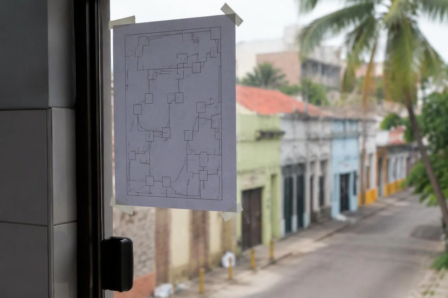 Janela do escritório com o quadro de rotas colado no vidro
