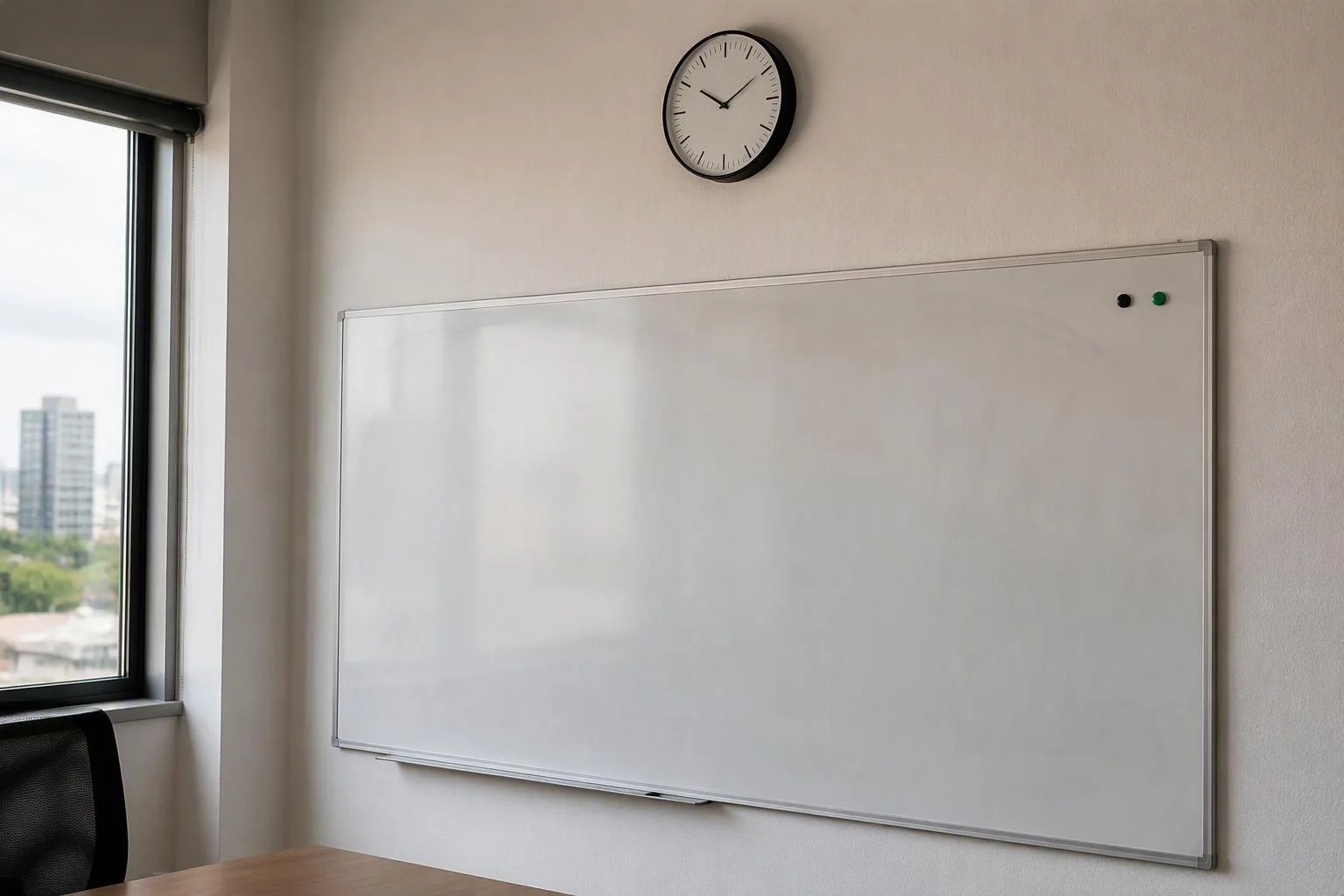 Relógio de parede acima do quadro branco da reunião de segunda